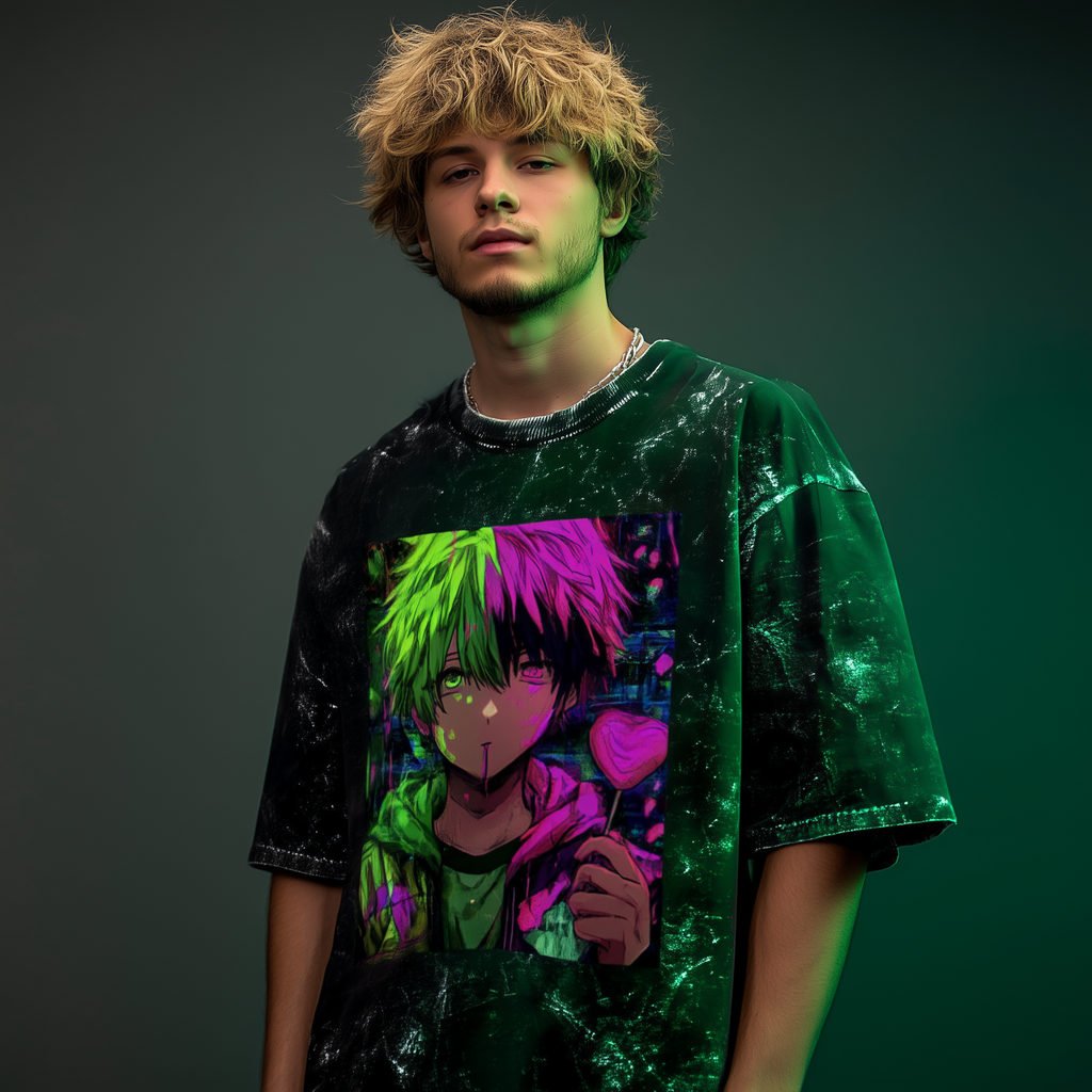 🍭 Anime Boy Unisex Acid Washed Oversized Tee – Street Rebel Edition