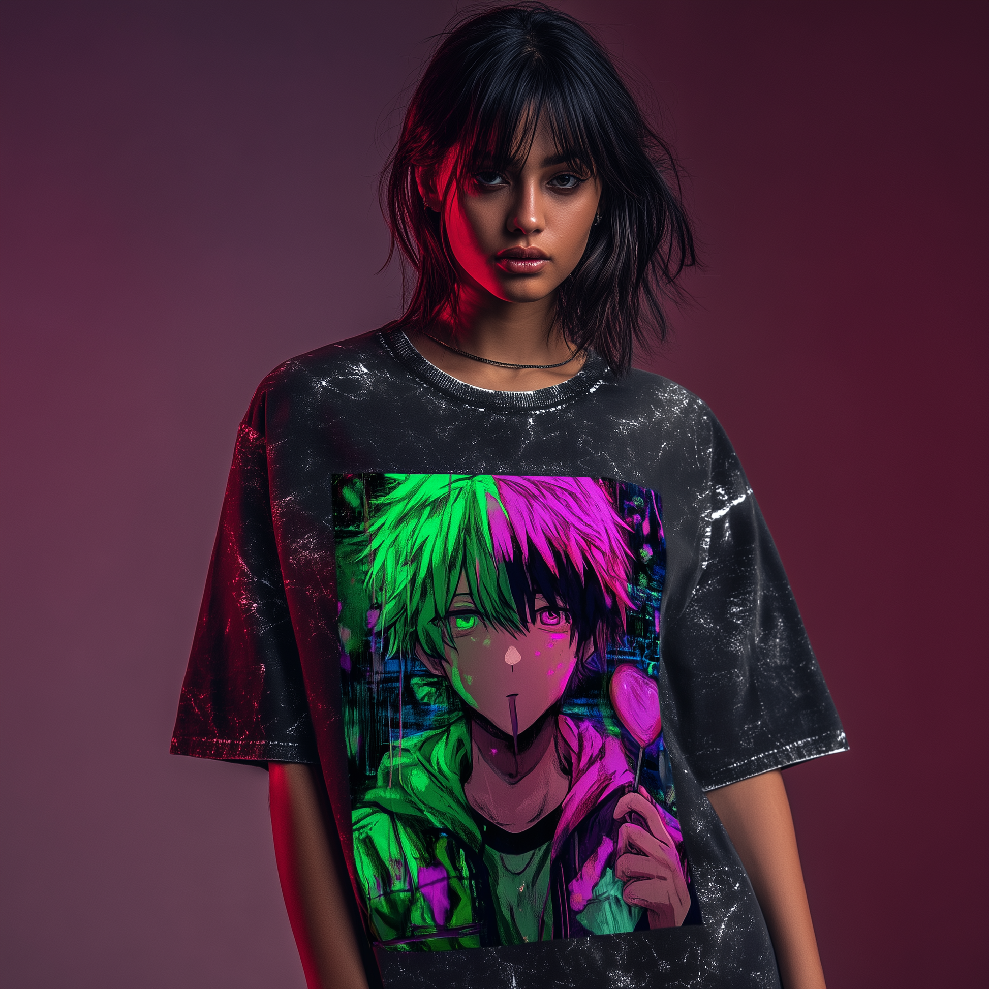 🍭 Anime Boy Unisex Acid Washed Oversized Tee – Street Rebel Edition